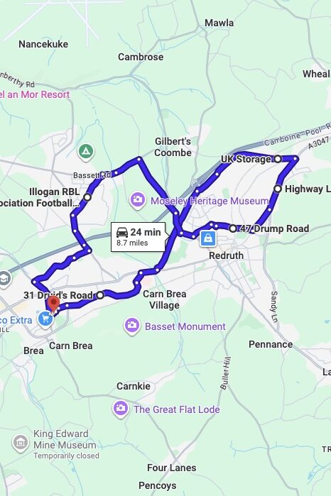 Camborne driving test routes map UK showing DVSA test routes, real exam roads, key junctions, roundabouts and roads used in the driving test