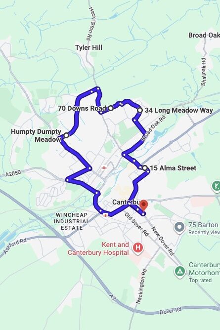 Canterbury driving test routes map UK showing DVSA test routes, real exam roads, key junctions, roundabouts and roads used in the driving test