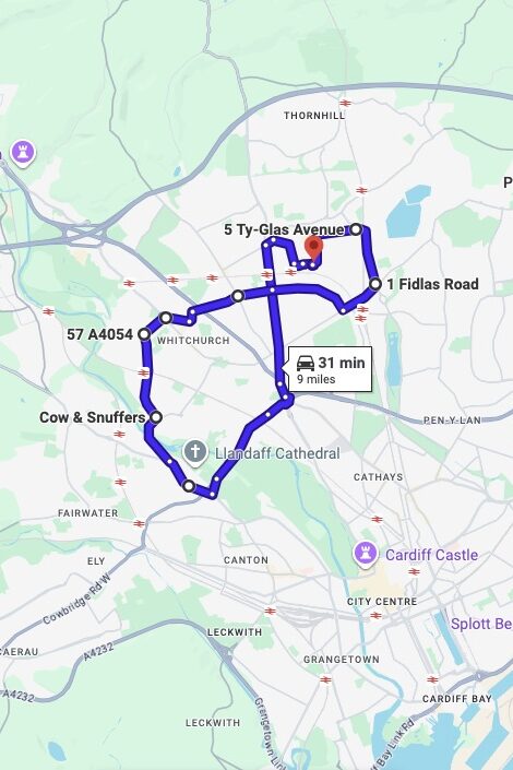 Cardiff (Llanishen) driving test routes map UK showing DVSA test routes, real exam roads, key junctions, roundabouts and roads used in the driving test