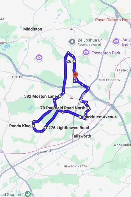 Chadderton driving test routes map UK showing DVSA test routes, real exam roads, key junctions, roundabouts and roads used in the driving test
