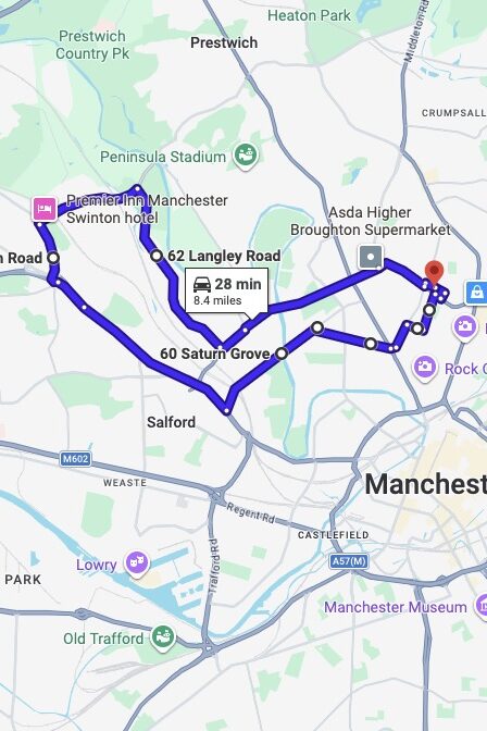 Cheetham Hill driving test routes map UK showing DVSA test routes, real exam roads, key junctions, roundabouts and roads used in the driving test
