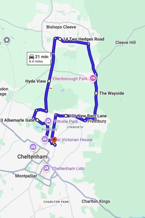 Cheltenham driving test routes map UK showing DVSA test routes, real exam roads, key junctions, roundabouts and roads used in the driving test