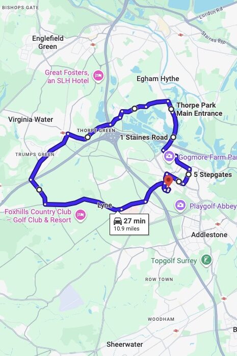 Chertsey (London) driving test routes map UK showing DVSA test routes, real exam roads, key junctions, roundabouts and roads used in the driving test