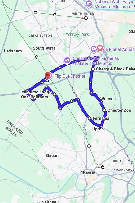 Chester driving test routes map UK showing DVSA test routes, real exam roads, key junctions, roundabouts and roads used in the driving test