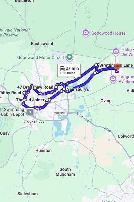 Chichester driving test routes map UK showing DVSA test routes, real exam roads, key junctions, roundabouts and roads used in the driving test