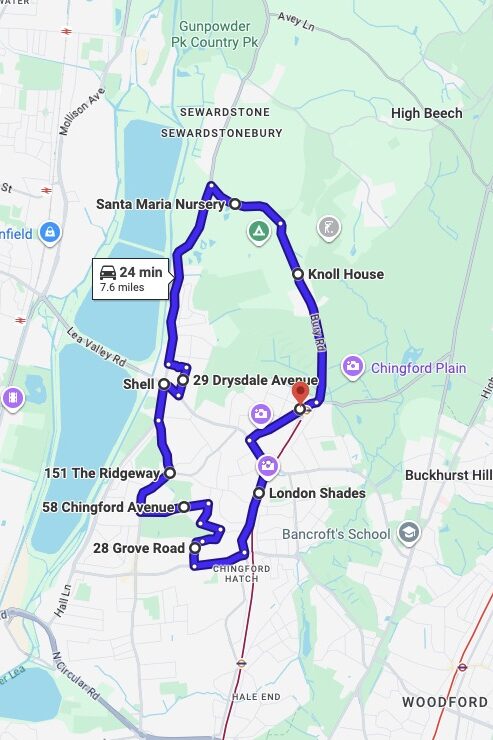 Chingford (London) driving test routes map UK showing DVSA test routes, real exam roads, key junctions, roundabouts and roads used in the driving test