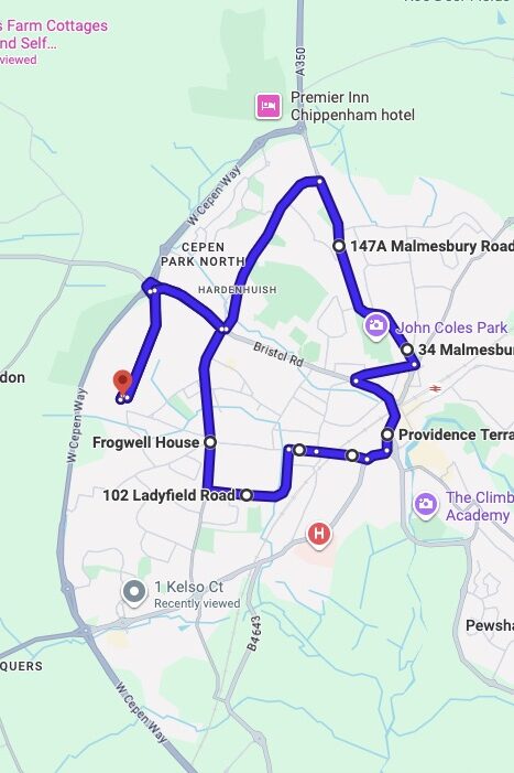 Chippenham driving test routes map UK showing DVSA test routes, real exam roads, key junctions, roundabouts and roads used in the driving test