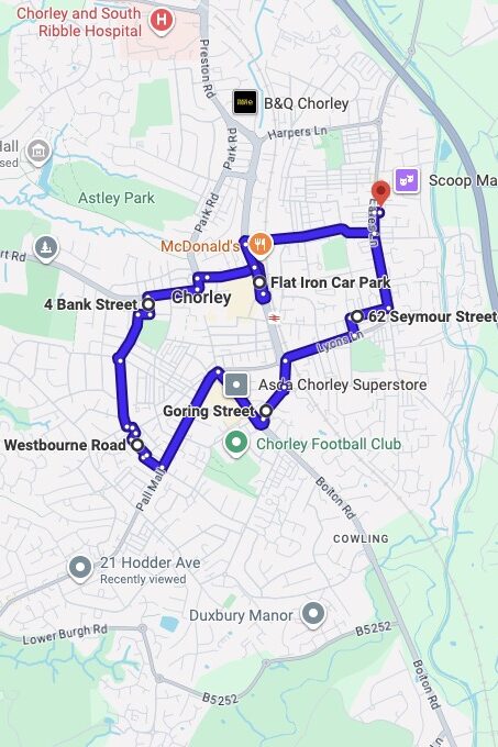 Chorley driving test routes map UK showing DVSA test routes, real exam roads, key junctions, roundabouts and roads used in the driving test