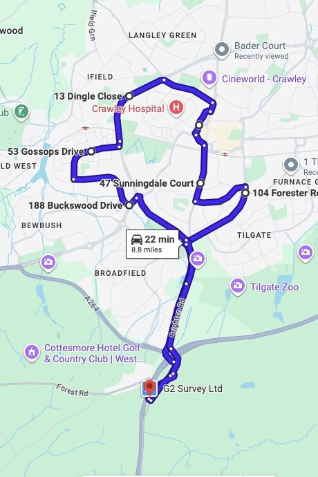 Crawley driving test routes map UK showing DVSA test routes, real exam roads, key junctions, roundabouts and roads used in the driving test