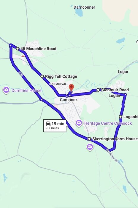 Cumnock driving test routes map UK showing DVSA test routes, real exam roads, key junctions, roundabouts and roads used in the driving test
