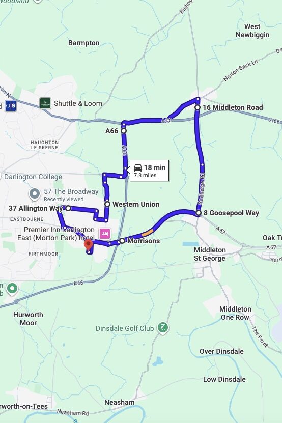 Darlington driving test routes map UK showing DVSA test routes, real exam roads, key junctions, roundabouts and roads used in the driving test