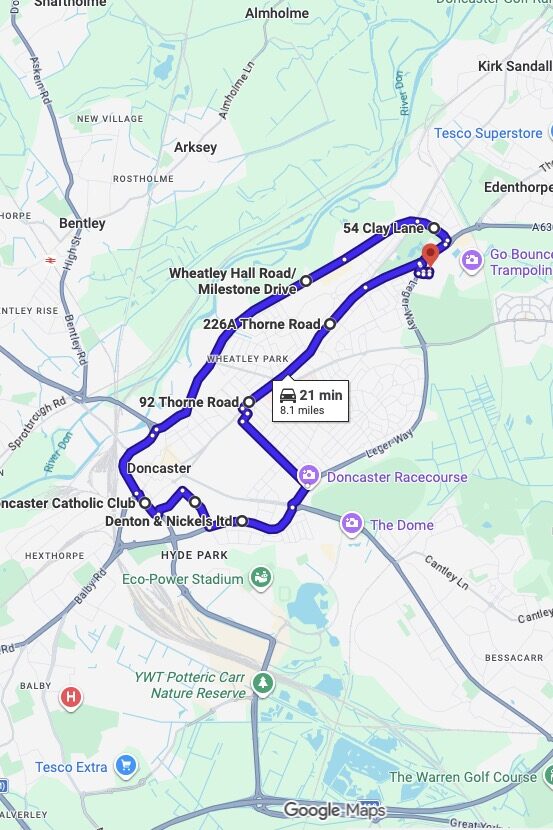 Doncaster driving test routes map UK showing DVSA test routes, real exam roads, key junctions, roundabouts and roads used in the driving test
