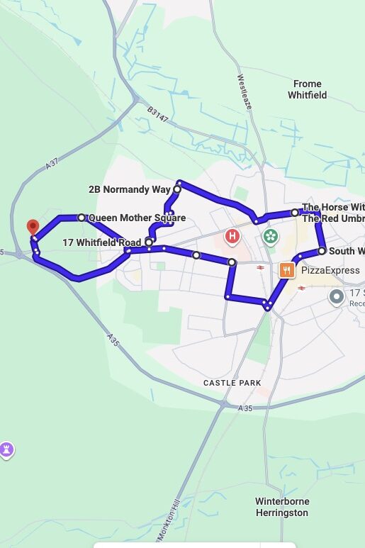 Dorchester driving test routes map UK showing DVSA test routes, real exam roads, key junctions, roundabouts and roads used in the driving test