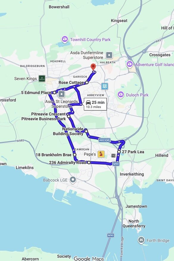 Dunfermline driving test routes map UK showing DVSA test routes, real exam roads, key junctions, roundabouts and roads used in the driving test
