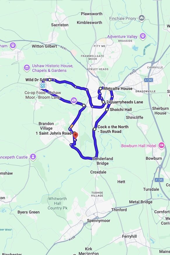 Durham driving test routes map UK showing DVSA test routes, real exam roads, key junctions, roundabouts and roads used in the driving test