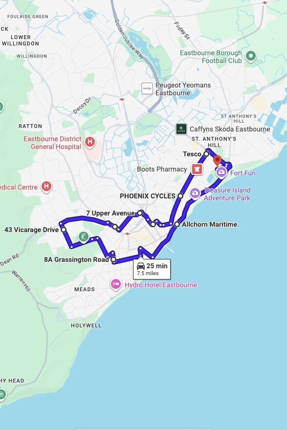 Eastbourne driving test routes map UK showing DVSA test routes, real exam roads, key junctions, roundabouts and roads used in the driving test