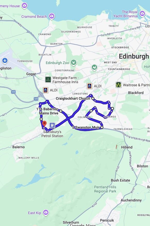 Edinburgh (Currie) driving test routes map UK showing DVSA test routes, real exam roads, key junctions, roundabouts and roads used in the driving test