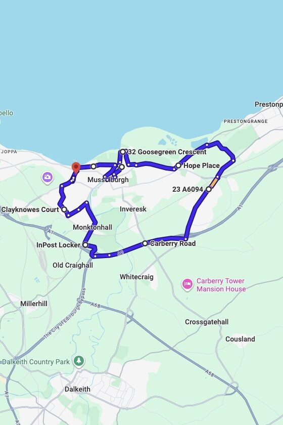 Edinburgh (Musselburgh) driving test routes map UK showing DVSA test routes, real exam roads, key junctions, roundabouts and roads used in the driving test