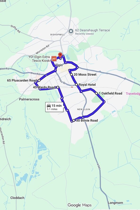 Elgin driving test routes map UK showing DVSA test routes, real exam roads, key junctions, roundabouts and roads used in the driving test