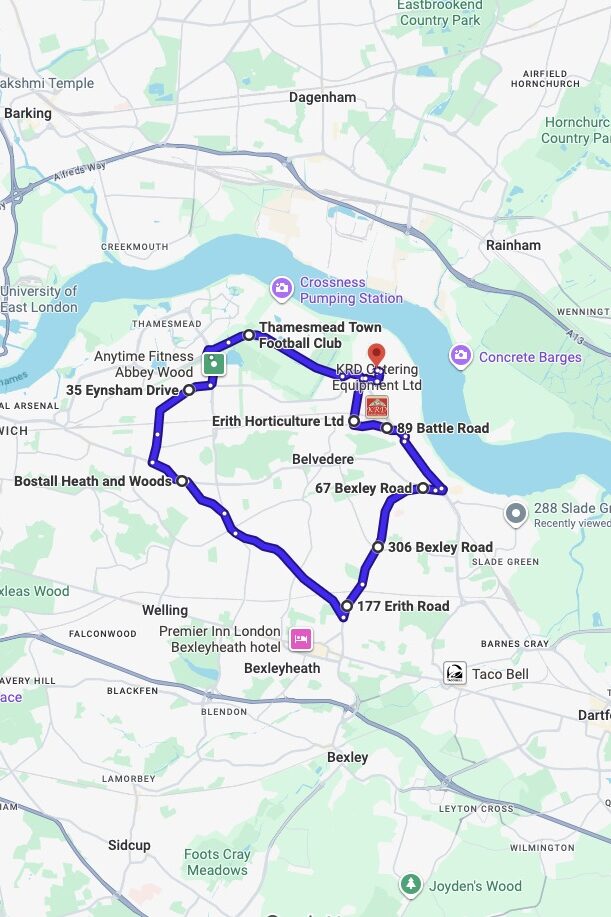 Erith (London) driving test routes map UK showing DVSA test routes, real exam roads, key junctions, roundabouts and roads used in the driving test