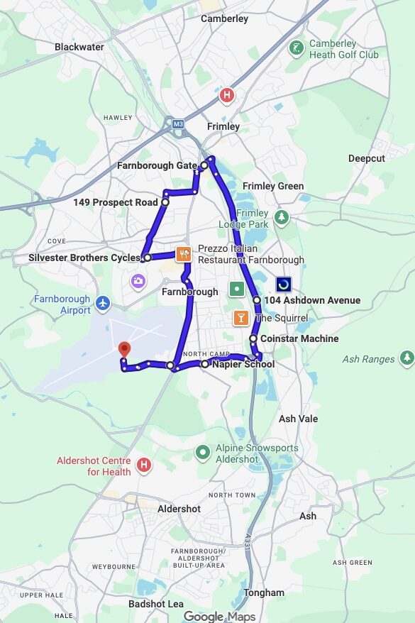 Farnborough driving test routes map UK showing DVSA test routes, real exam roads, key junctions, roundabouts and roads used in the driving test