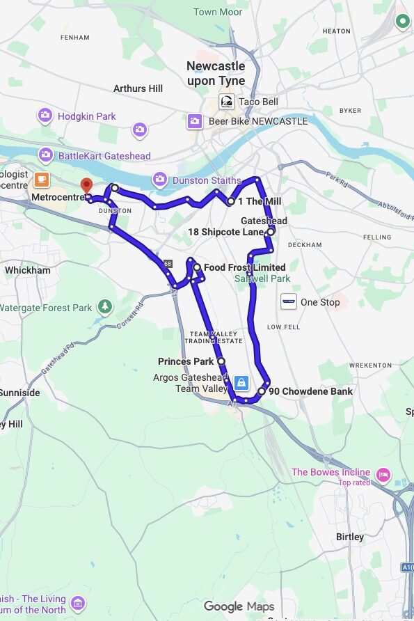 Gateshead driving test routes map UK showing DVSA test routes, real exam roads, key junctions, roundabouts and roads used in the driving test