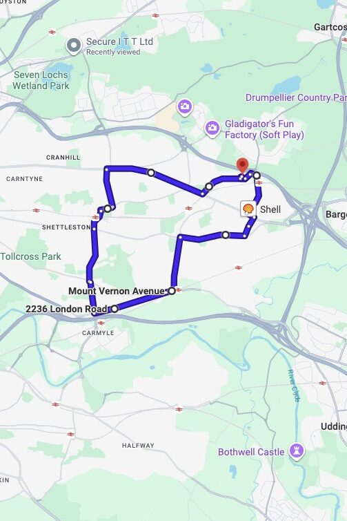 Glasgow (Baillieston) driving test routes map UK showing DVSA test routes, real exam roads, key junctions, roundabouts and roads used in the driving test