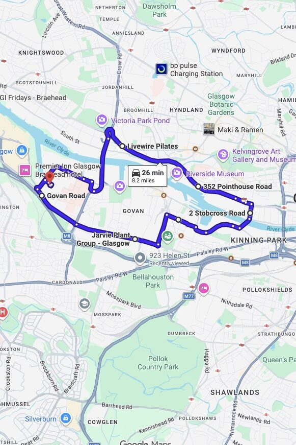 Glasgow (Shieldhall) driving test routes map UK showing DVSA test routes, real exam roads, key junctions, roundabouts and roads used in the driving test