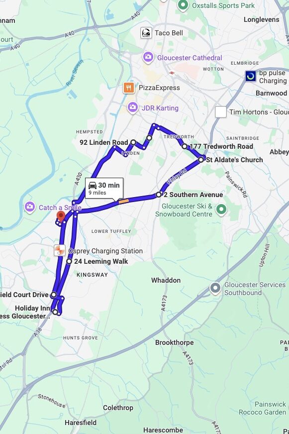 Gloucester driving test routes map UK showing DVSA test routes, real exam roads, key junctions, roundabouts and roads used in the driving test