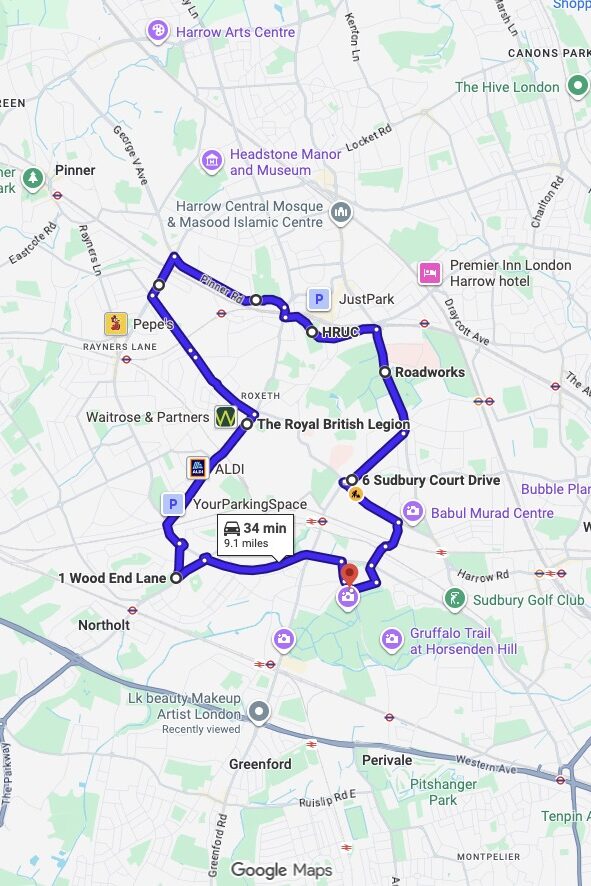 Greenford (London) driving test routes map UK showing DVSA test routes, real exam roads, key junctions, roundabouts and roads used in the driving test