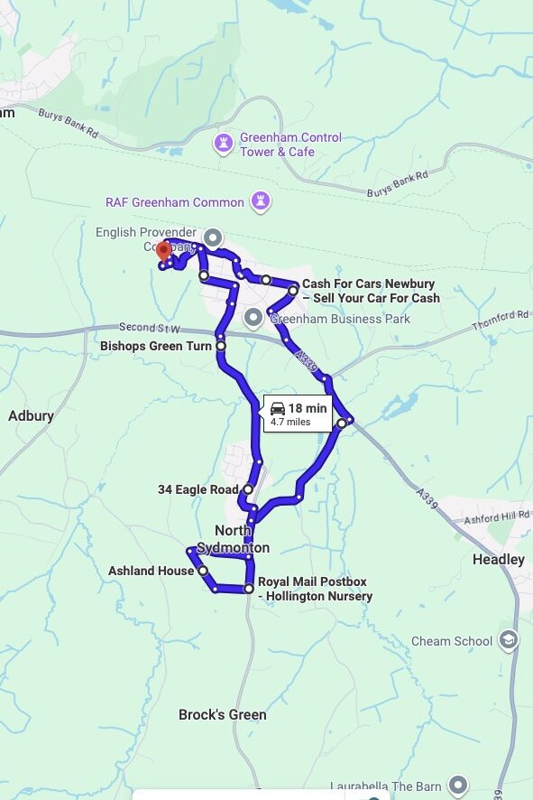 Greenham driving test routes map UK showing DVSA test routes, real exam roads, key junctions, roundabouts and roads used in the driving test