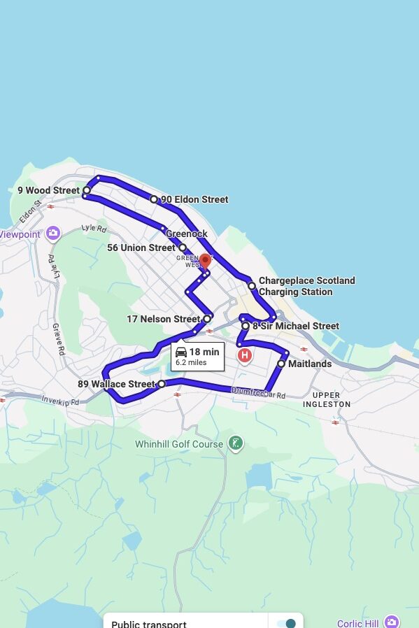 Greenock driving test routes map UK showing DVSA test routes, real exam roads, key junctions, roundabouts and roads used in the driving test