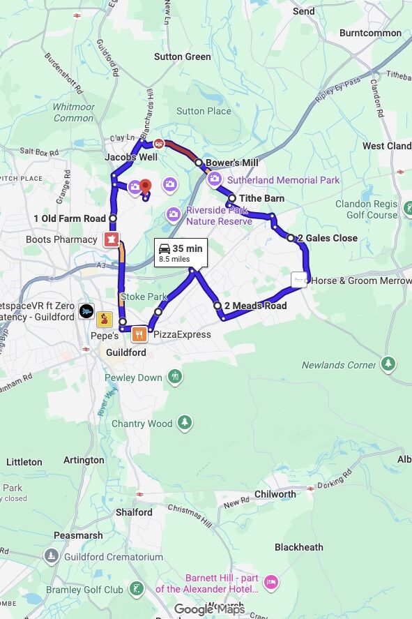 Guildford driving test routes map UK showing DVSA test routes, real exam roads, key junctions, roundabouts and roads used in the driving test