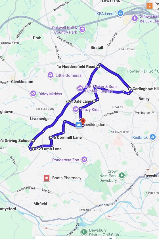 Heckmondwike driving test routes map UK showing DVSA test routes, real exam roads, key junctions, roundabouts and roads used in the driving test