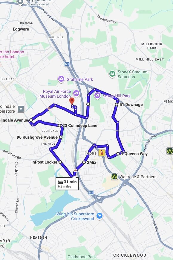 Hendon (London) driving test routes map UK showing DVSA test routes, real exam roads, key junctions, roundabouts and roads used in the driving test