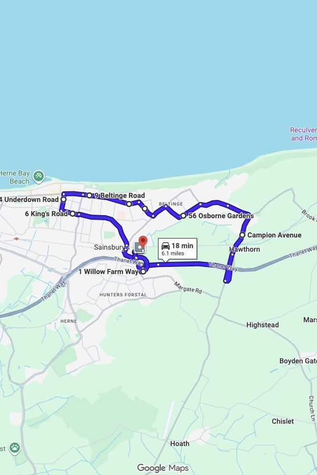 Herne Bay driving test routes map UK showing DVSA test routes, real exam roads, key junctions, roundabouts and roads used in the driving test