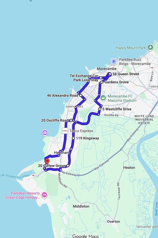 Heysham driving test routes map UK showing DVSA test routes, real exam roads, key junctions, roundabouts and roads used in the driving test