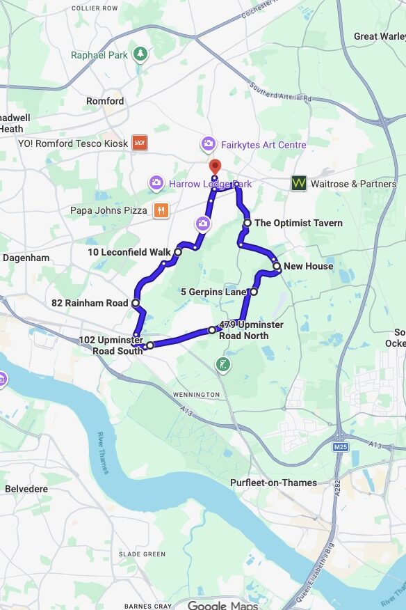 Hornchurch (London) driving test routes map UK showing DVSA test routes, real exam roads, key junctions, roundabouts and roads used in the driving test