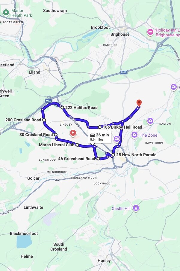 Huddersfield driving test routes map UK showing DVSA test routes, real exam roads, key junctions, roundabouts and roads used in the driving test