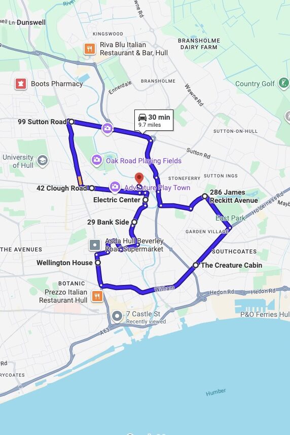 Hull driving test routes map UK showing DVSA test routes, real exam roads, key junctions, roundabouts and roads used in the driving test