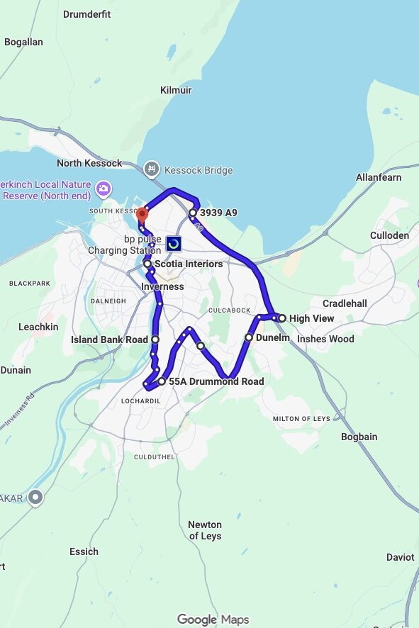 Inverness (Longman Drive) driving test routes map UK showing DVSA test routes, real exam roads, key junctions, roundabouts and roads used in the driving test