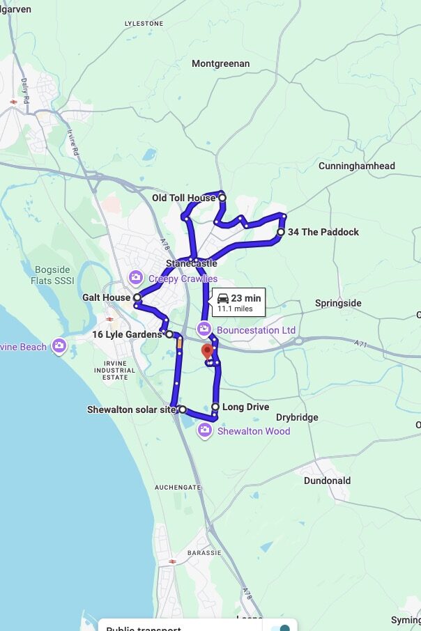 Irvine driving test routes map UK showing DVSA test routes, real exam roads, key junctions, roundabouts and roads used in the driving test