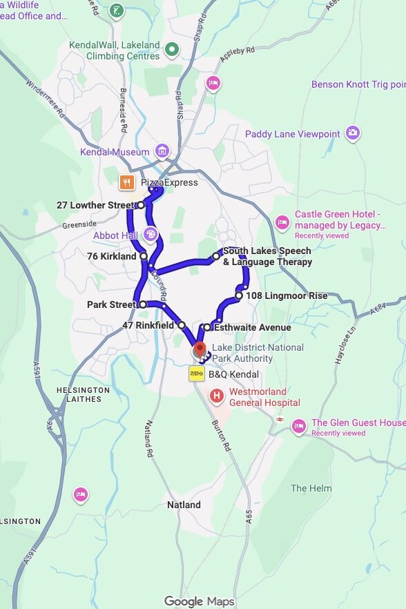 Kendal (Oxenholme Road) driving test routes map UK showing DVSA test routes, real exam roads, key junctions, roundabouts and roads used in the driving test