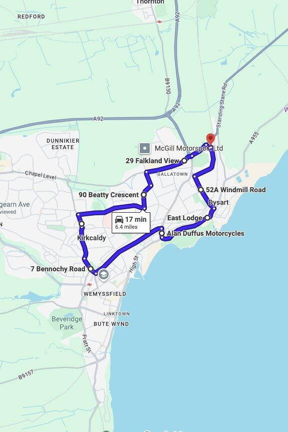 Kirkcaldy driving test routes map UK showing DVSA test routes, real exam roads, key junctions, roundabouts and roads used in the driving test