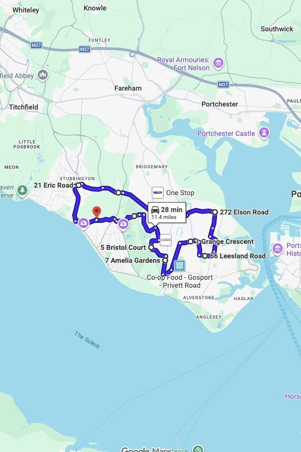 Lee On The Solent driving test routes map UK showing DVSA test routes, real exam roads, key junctions, roundabouts and roads used in the driving test
