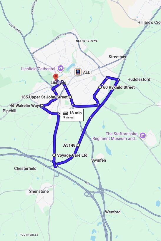 Lichfield driving test routes map UK showing DVSA test routes, real exam roads, key junctions, roundabouts and roads used in the driving test