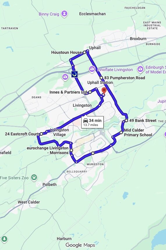 Livingston driving test routes map UK showing DVSA test routes, real exam roads, key junctions, roundabouts and roads used in the driving test