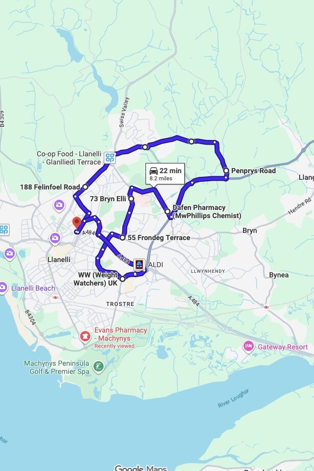 Llanelli driving test routes map UK showing DVSA test routes, real exam roads, key junctions, roundabouts and roads used in the driving test