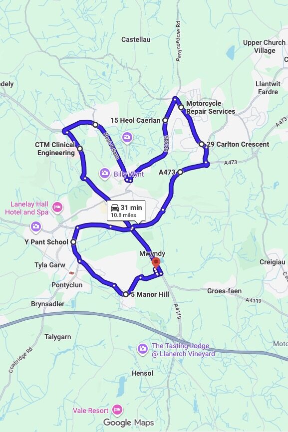 Llantrisant driving test routes map UK showing DVSA test routes, real exam roads, key junctions, roundabouts and roads used in the driving test