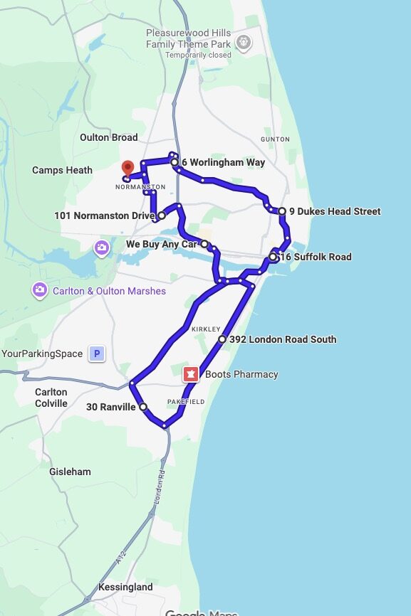 Lowestoft (Mobbs Way) driving test routes map UK showing DVSA test routes, real exam roads, key junctions, roundabouts and roads used in the driving test